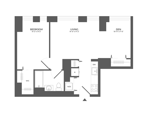 Floor plan for 1 bed, 1 bath, 678 sqft